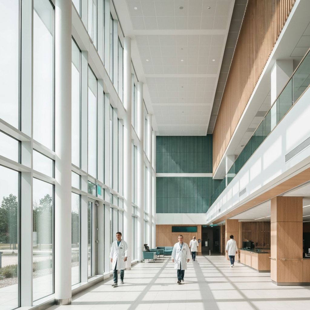 Modern hospital corridor with warm lighting